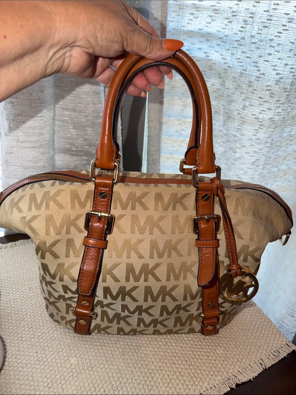 Michael Kors Beige MK Monogram Satchel with Brown Leather Trim